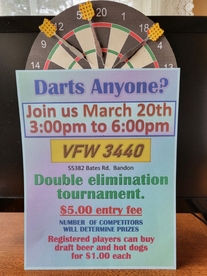 Dart Tournament March 20, 2022, at 1500